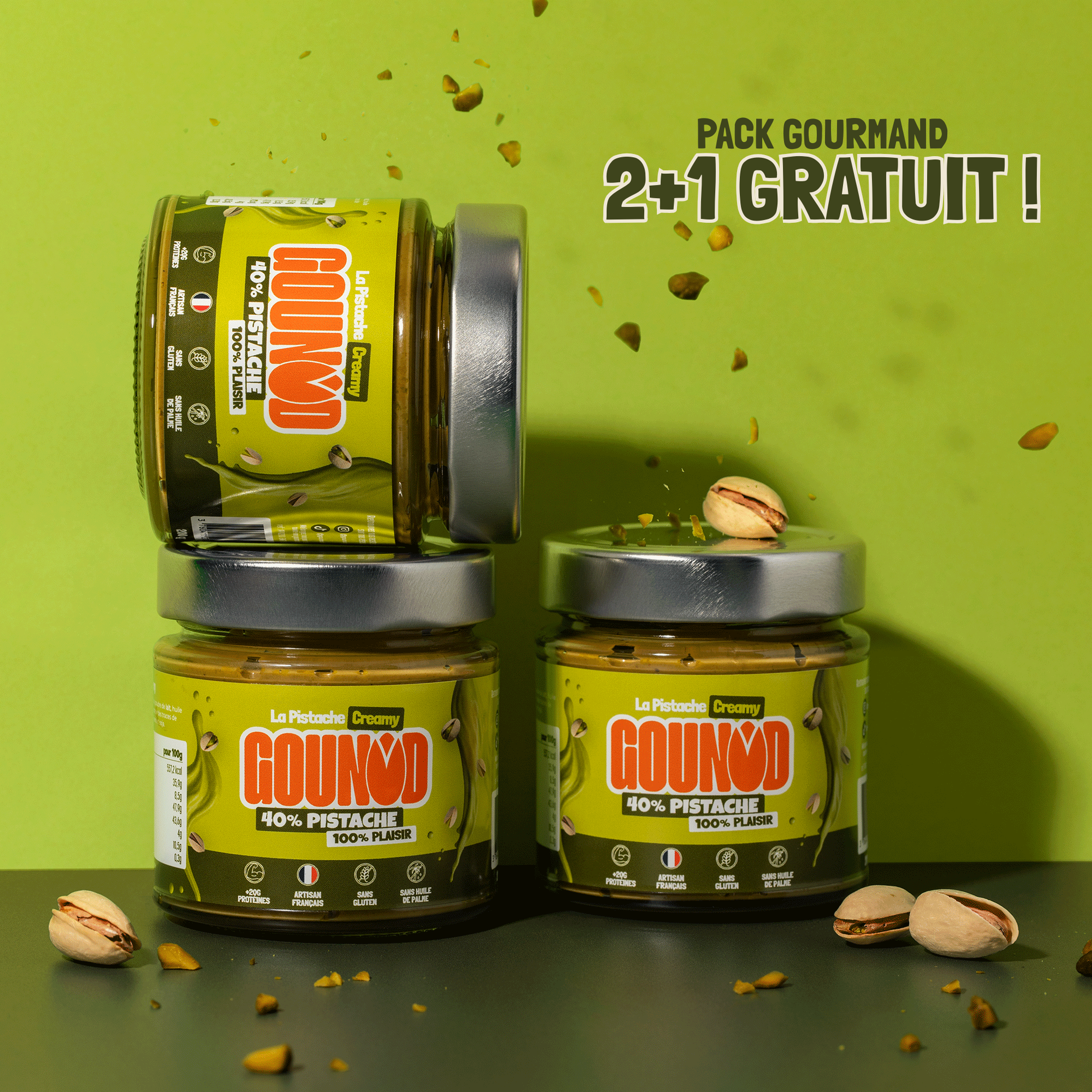 Pack Gourmand Gounod : 2 pots de pâte à tartiner pistache achetés, 1 pot offert.