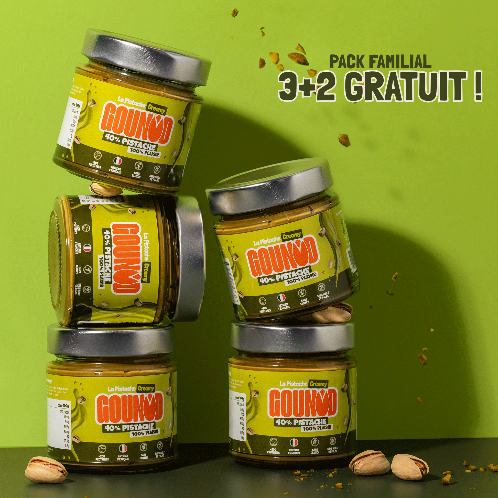 Pack Familial Gounod : 3 pots de pâte à tartiner pistache achetés, 2 pots offerts.