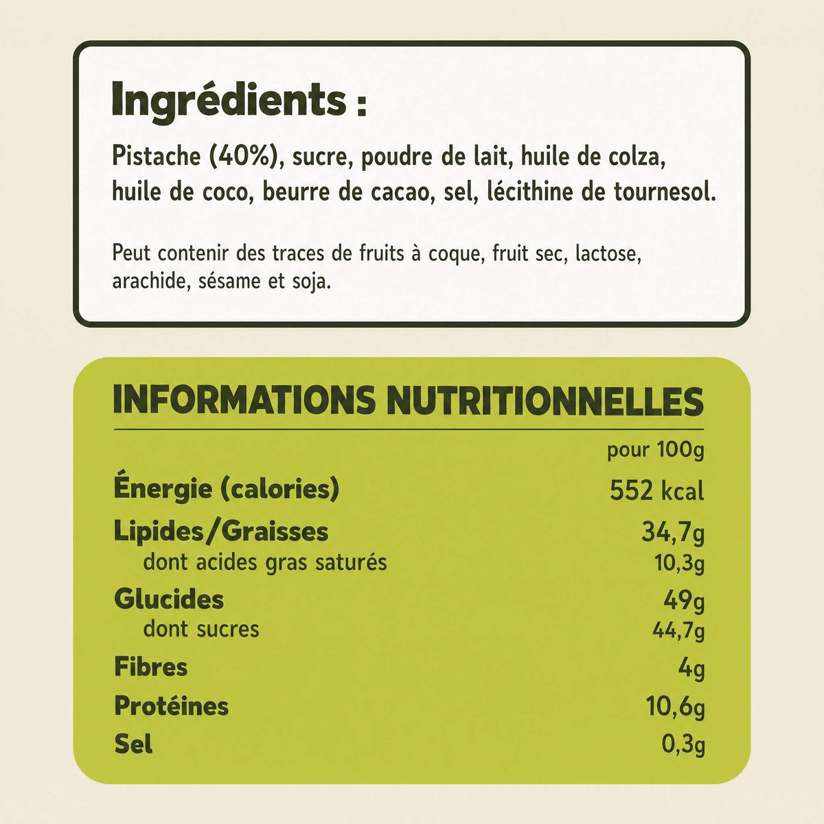 Liste des ingrédients et informations nutritionnelles de la pâte à tartiner pistache Gounod pour 100 grammes