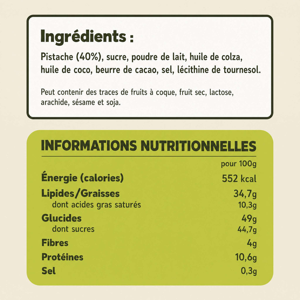 Liste des ingrédients et informations nutritionnelles de la pâte à tartiner pistache Gounod pour 100 grammes