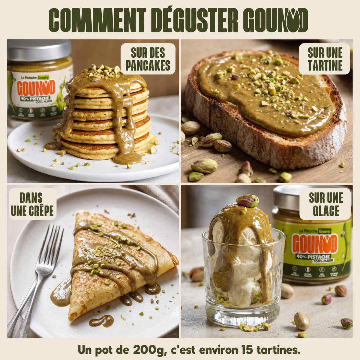 Quatre façons de déguster la pâte à tartiner pistache Gounod : sur des pancakes, sur une tartine, dans une crêpe et sur une glace
