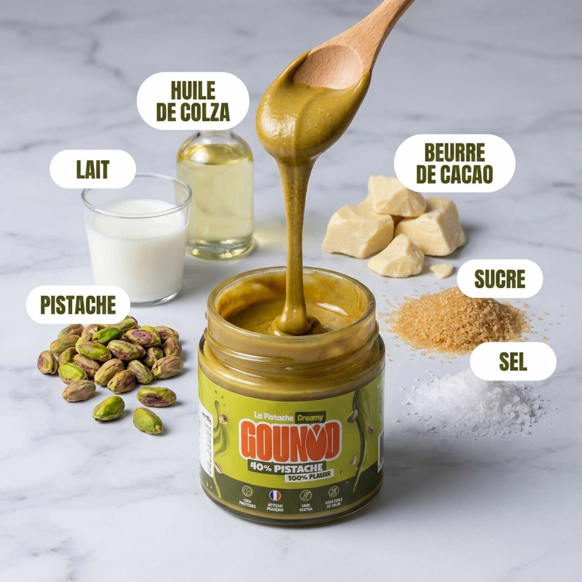 Ingrédients de la pâte à tartiner pistache Gounod : pistache, lait, huile de colza, beurre de cacao, sucre et sel