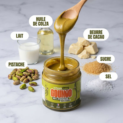 Ingrédients de la pâte à tartiner pistache Gounod : pistache, lait, huile de colza, beurre de cacao, sucre et sel