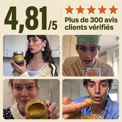 Note de 4,81 sur 5 et plus de 300 avis clients vérifiés, avec quatre clients tenant leur pot de pâte à tartiner pistache Gounod
